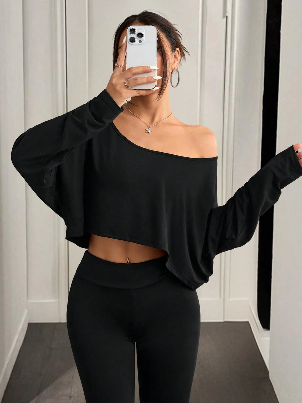 Boat Neck Long Sleeve Crop Top