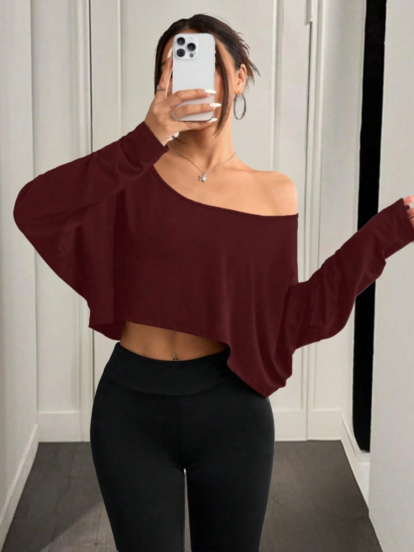 Boat Neck Long Sleeve Crop Top