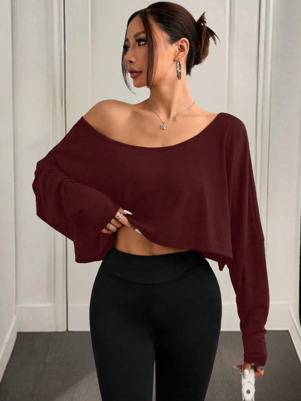 Boat Neck Long Sleeve Crop Top