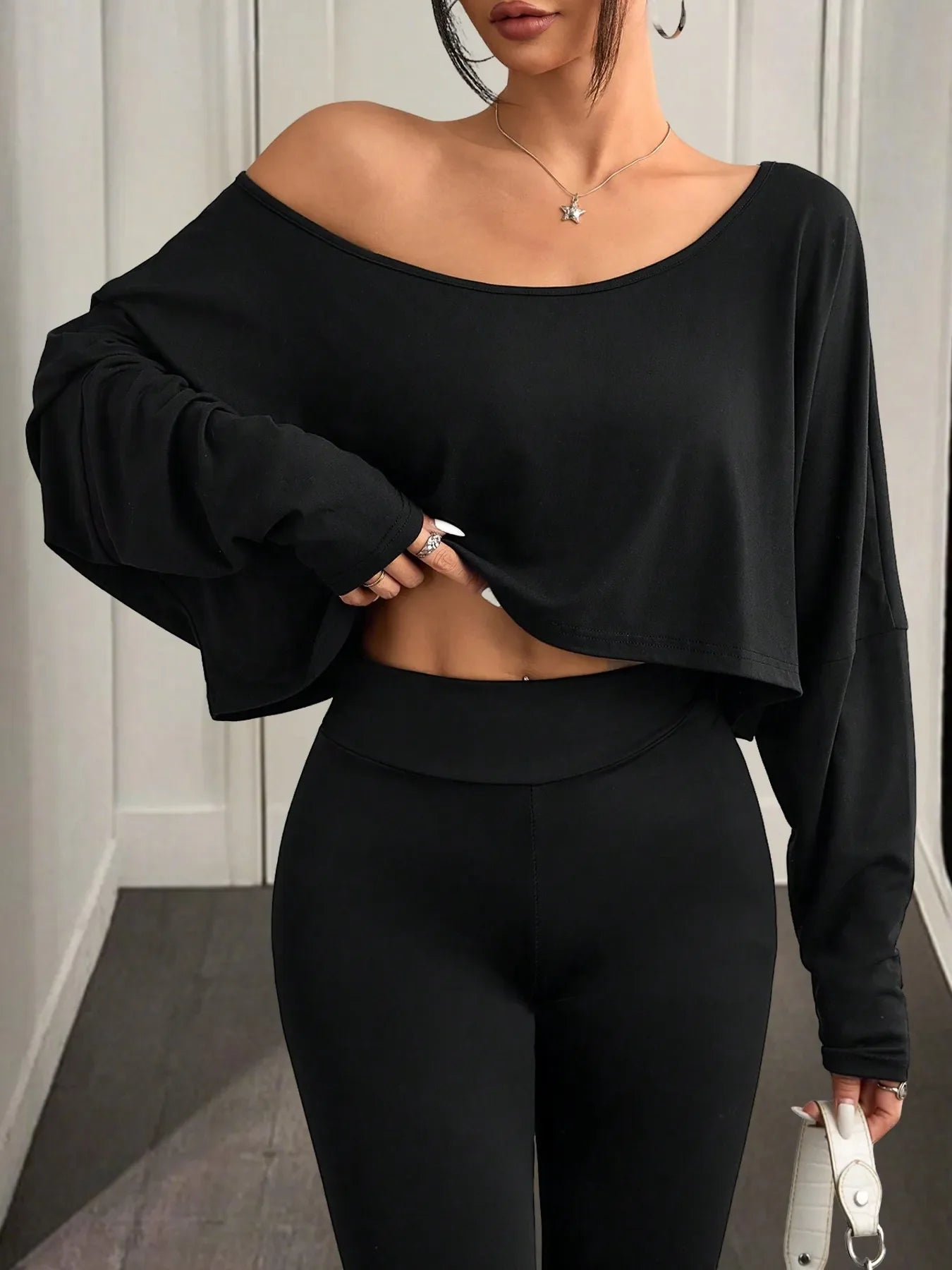 Boat Neck Long Sleeve Crop Top